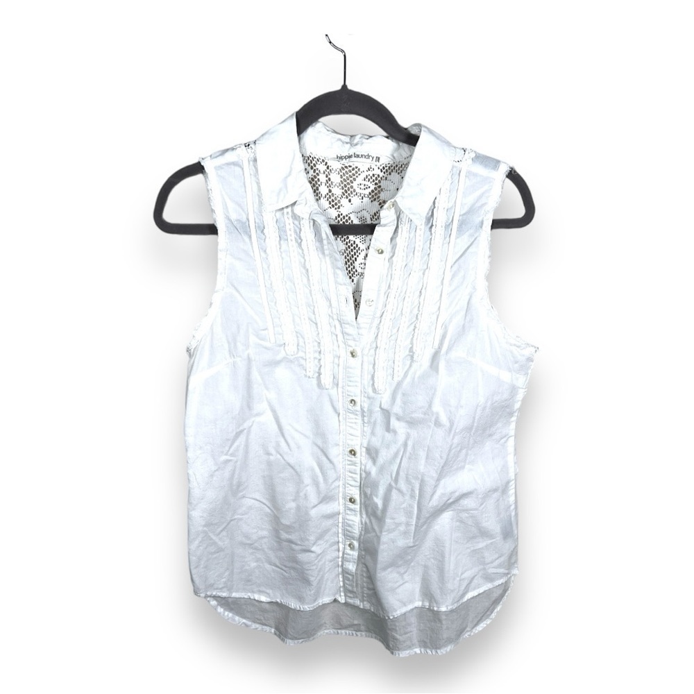 HIPPIE LAUNDRY WHITE COTTON SLEEVELESS TOP BUTTON FRONT NEUTRAL LACE ACENT